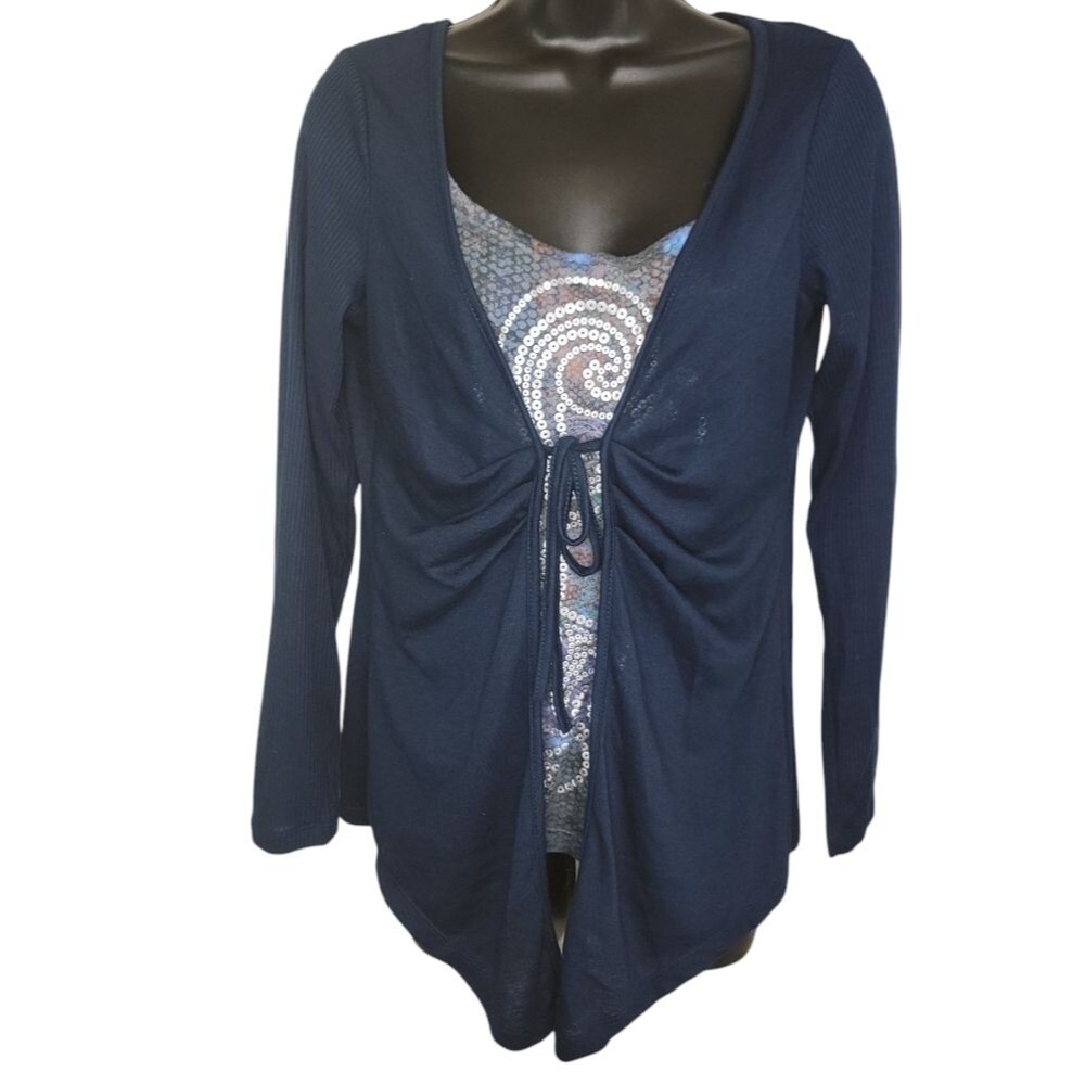 One World Navy Blue Cardigan Top 2fer Size Medium